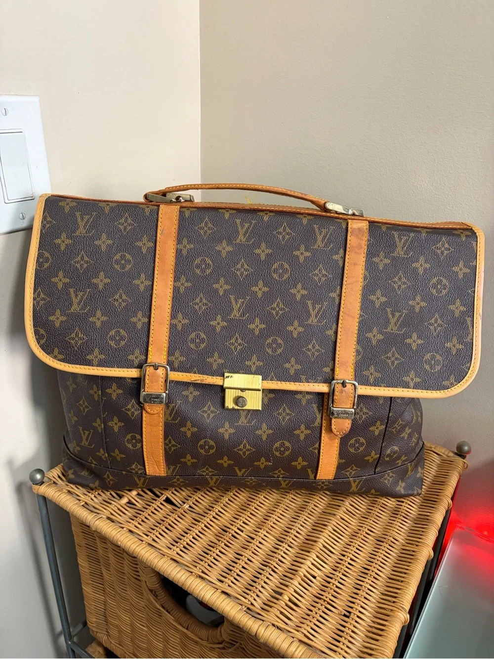 Louis Vuitton Brown Monogram Canvas Briefcase with Tan Leather Trim